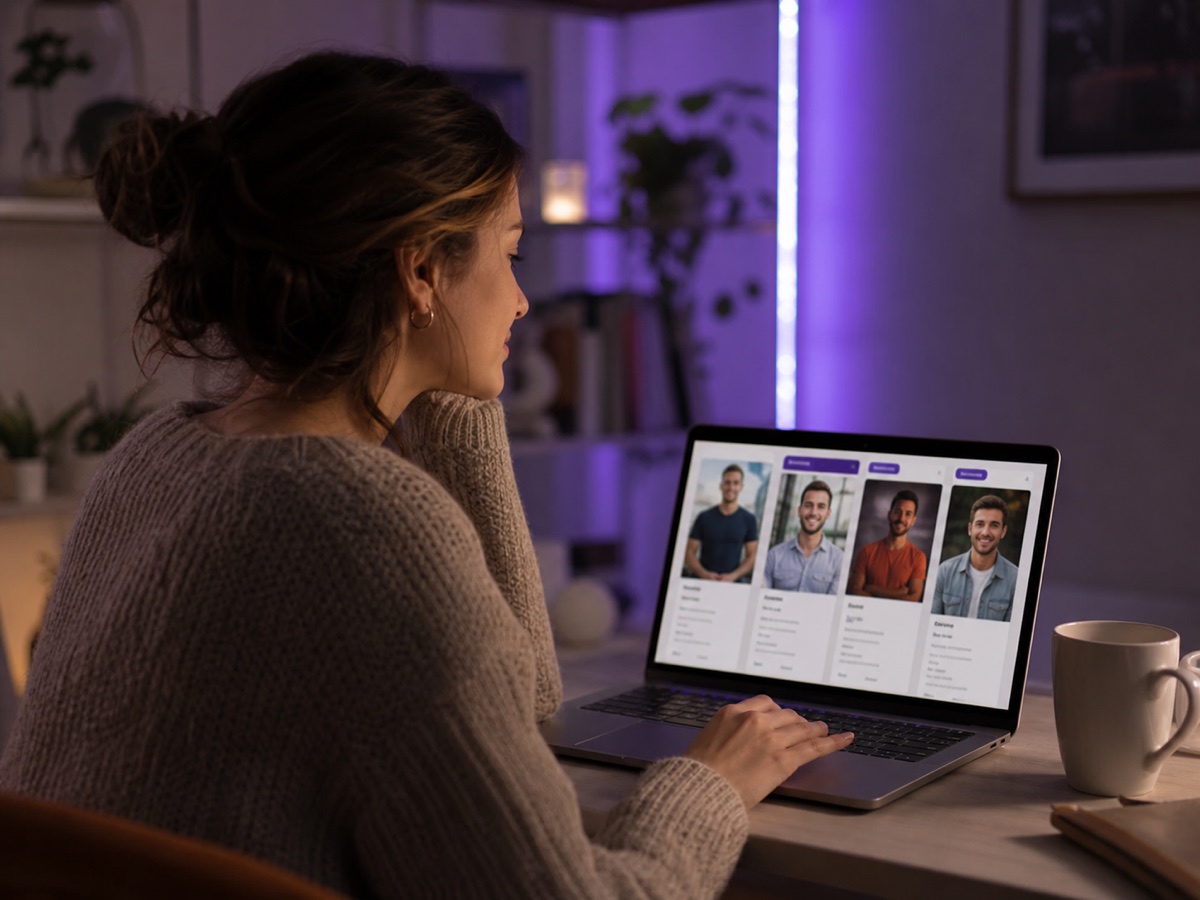 A woman thoughtfully browsing profiles on her laptop