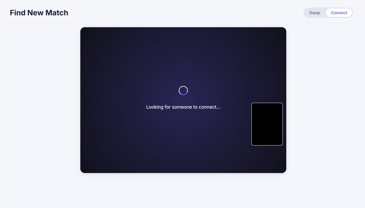 Connect Mode on Inder App searching for someone to video chat with, with the Swap and Connect toggle in the header