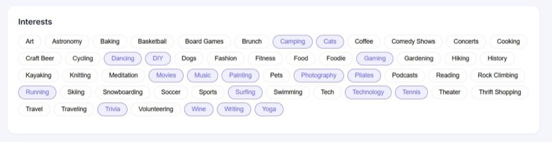 The Inder App interests picker showing selectable tags such as Camping, Gaming, Movies, Photography, Running and Yoga