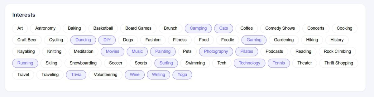The Inder App interests picker showing selectable tags such as Camping, Gaming, Movies, Photography, Running and Yoga