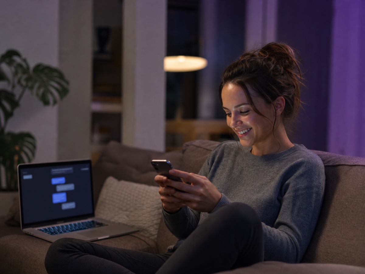 A woman exchanging real-time messages across her phone and laptop