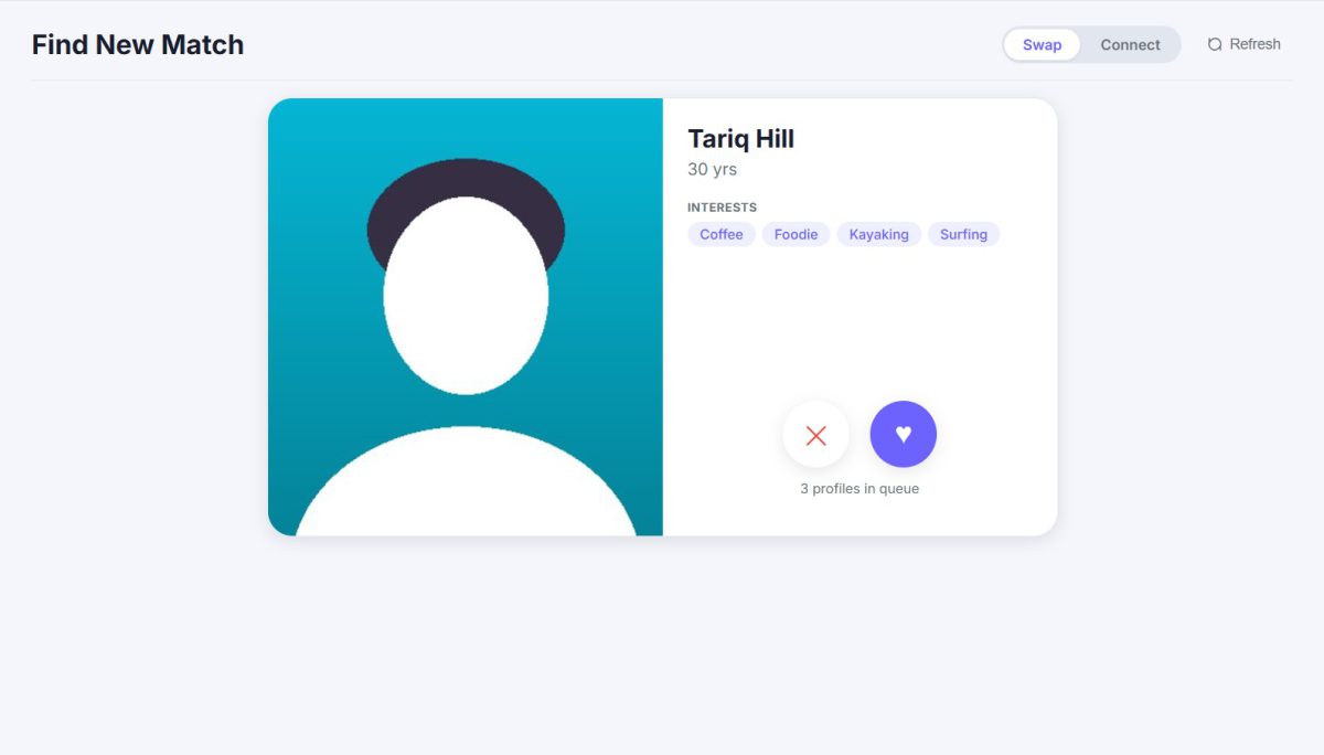 A Swap Mode profile card on Inder App showing a member's name, age and interest tags with Pass and Like buttons