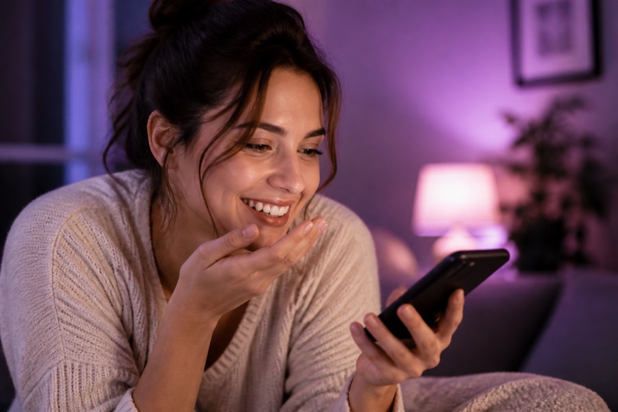 A woman sending a voice message on her phone
