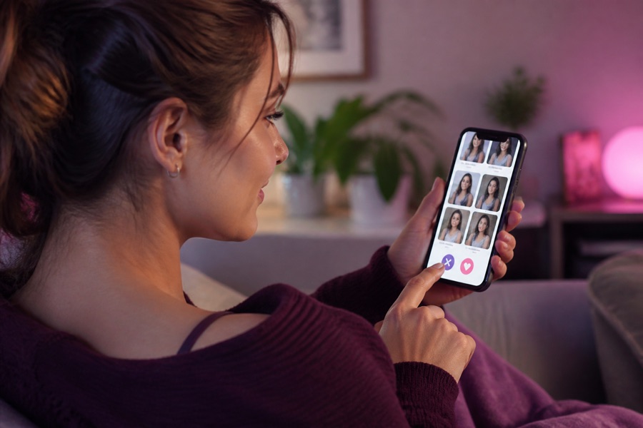 A woman browsing profile cards on her phone